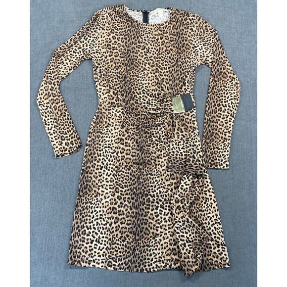 Michael Kors Leopard Print Ruched Dress Women M Brown Animal Long Sleeve Chic - Picture 1 of 10